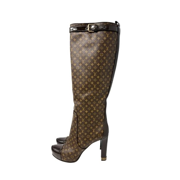 LOUIS VUITTON Vintage LV Monogram Long Boots #37.5 Heels Brown Black [106224] - Picture 6 of 13